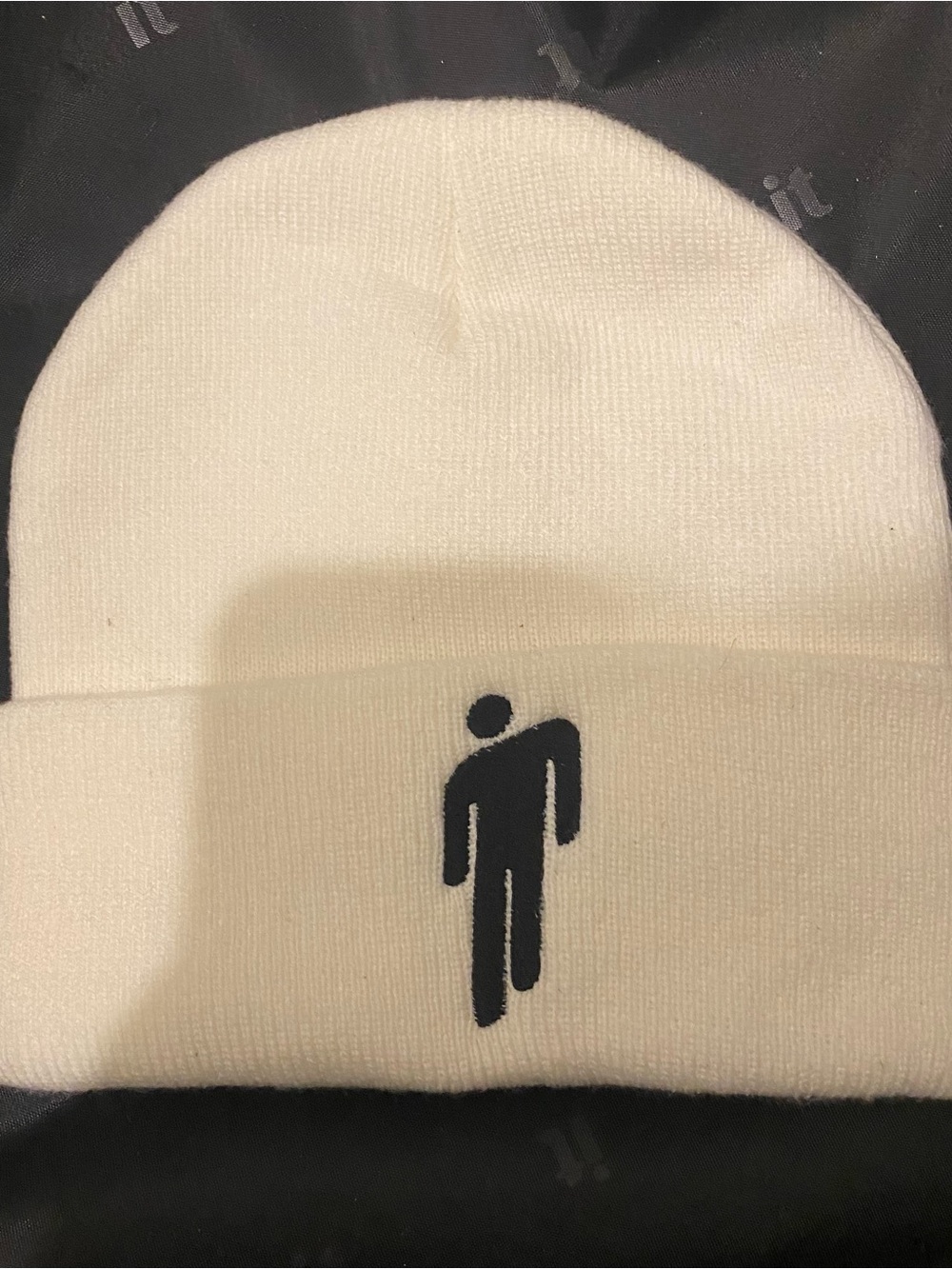Billie Eilish White Knit Beanie with Black Stick-Figure Logo